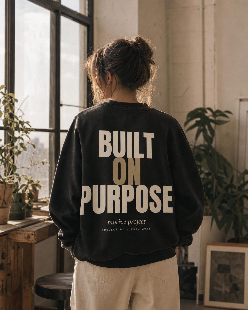 Modelo con la sudadera built on purpose, vista de espalda