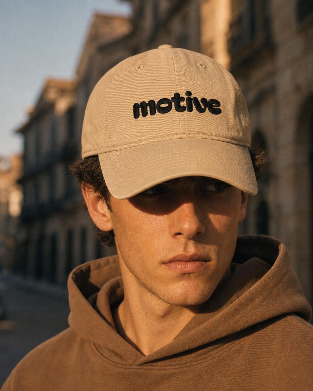 Modelo con la gorra motive caqui bordada