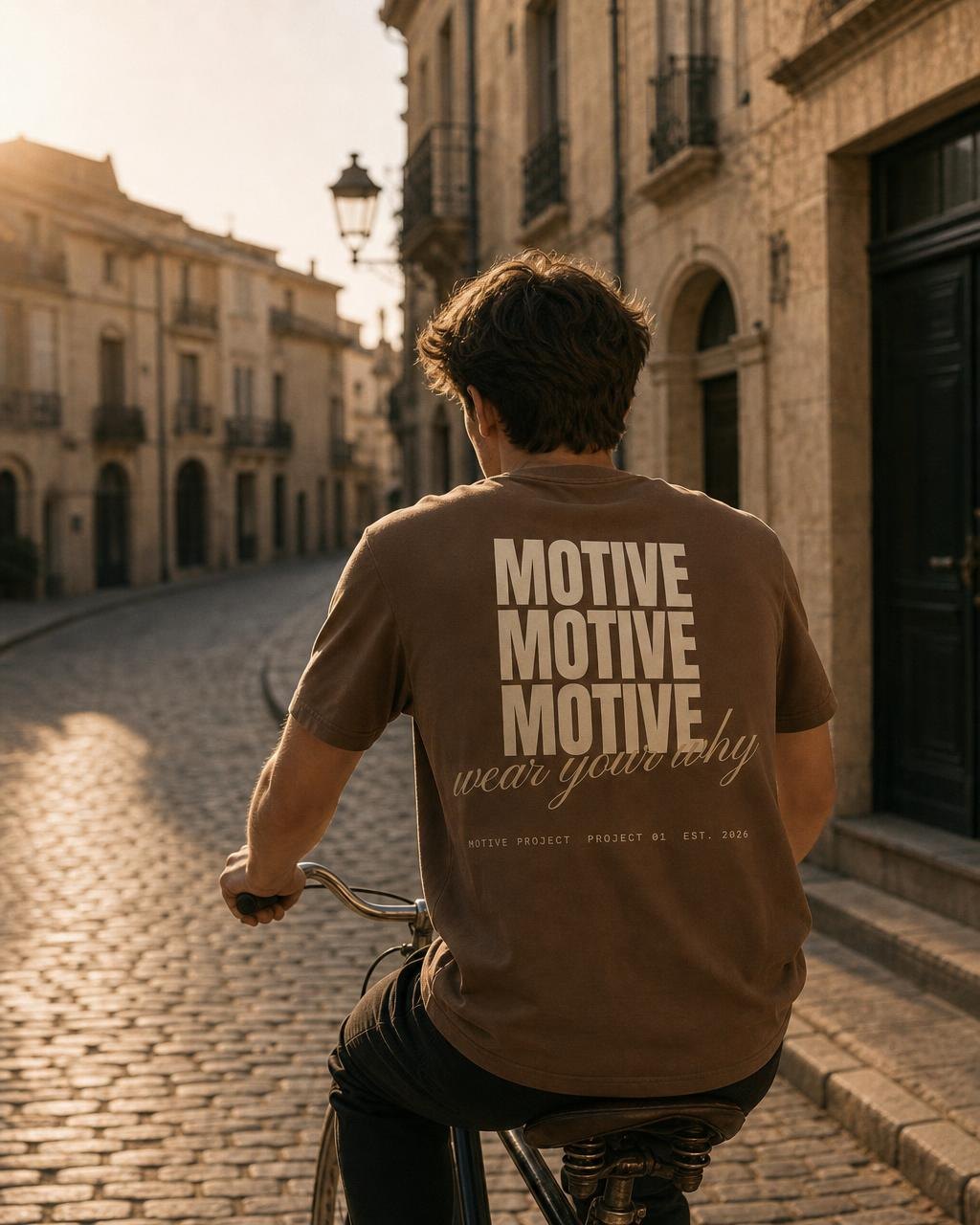 Modelo con la camiseta motive stack espresso, vista de espalda