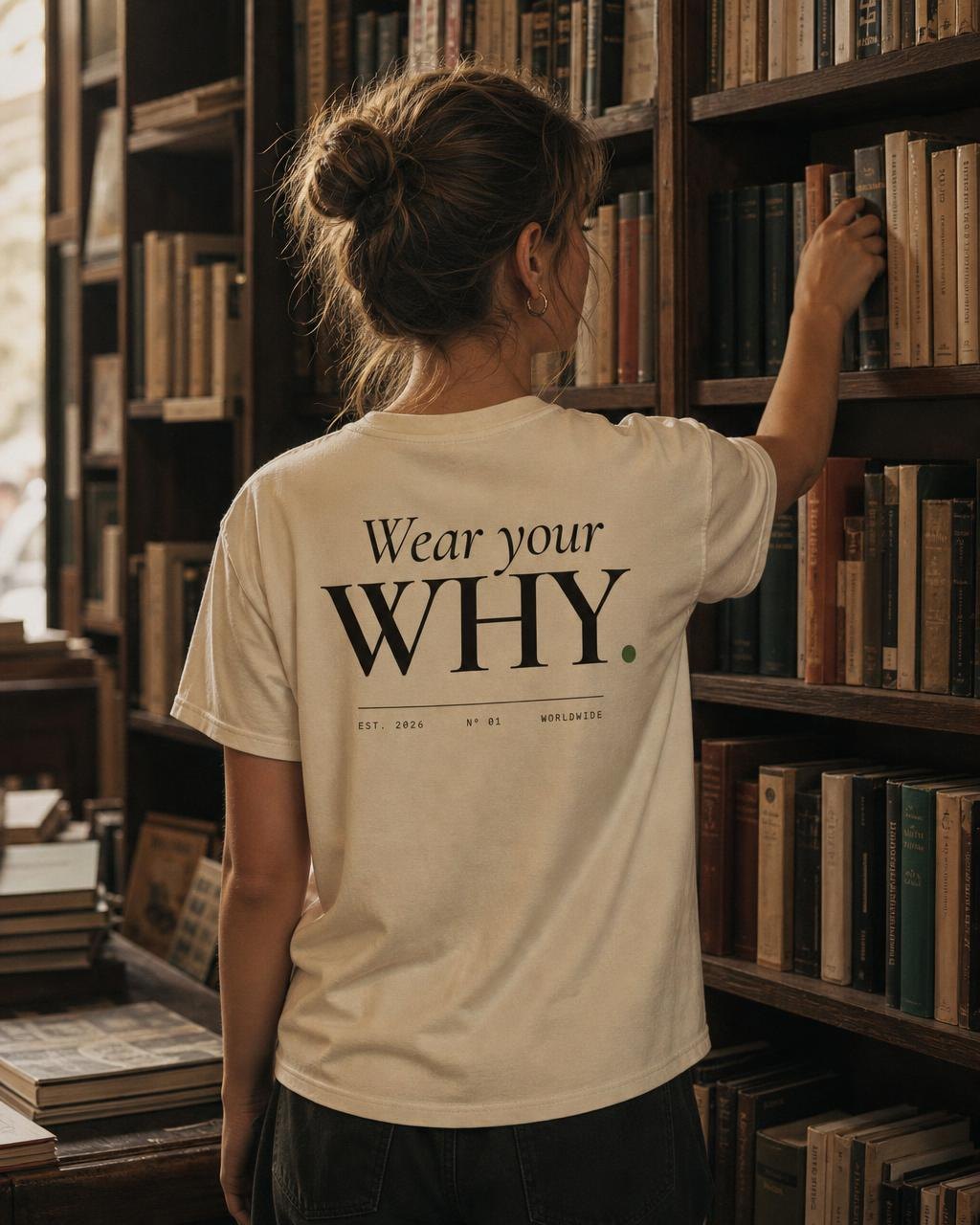 Modelo con la camiseta Wear your WHY marfil, vista de espalda