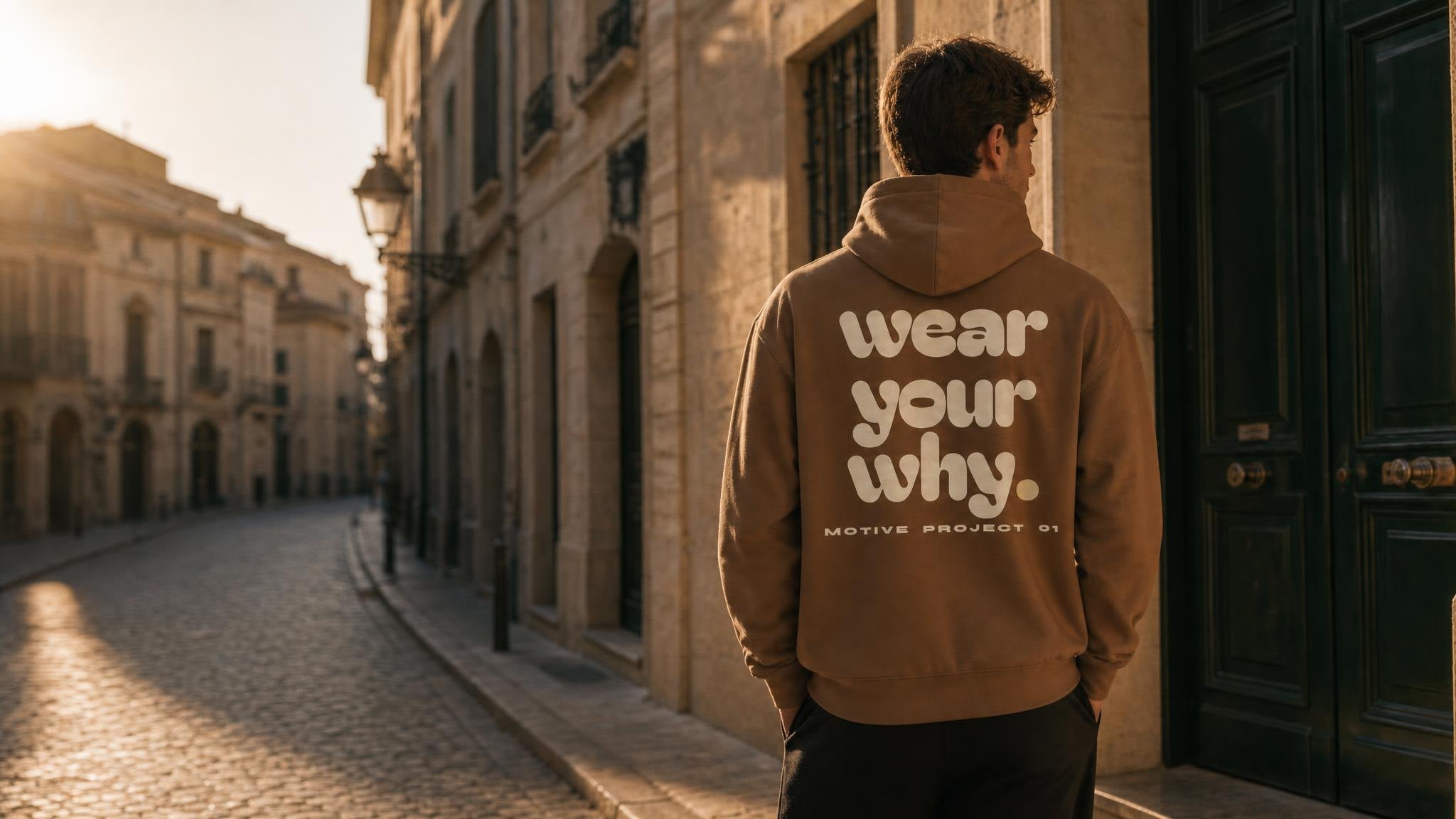 Modelo de espaldas con la sudadera wear your why de motive en una calle al atardecer